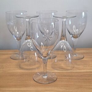 Vintage Mid Century Starburst Etched Crystal Wine Glasses Stemware Barware